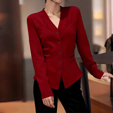 批发时髦大码褶皱收腰修身显瘦V领T恤女装高级感红色开衫长袖百搭上衣