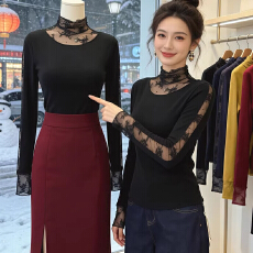 批发简约半高领时尚拼接蕾丝长袖T恤女2026秋冬新款修身显瘦内搭上衣