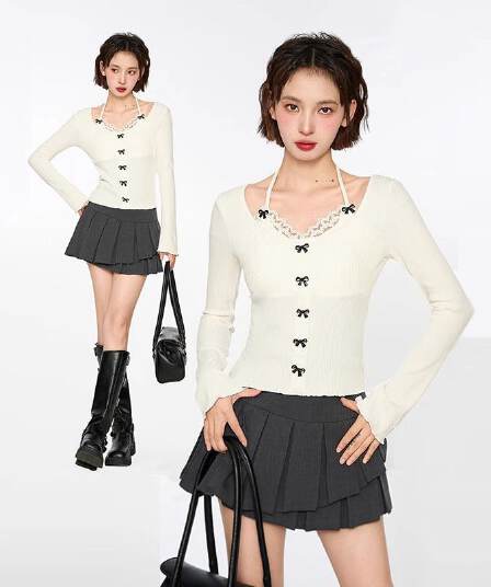 페이크 레이어드 레이스 행침 목 여성 봄 조기 짧은 몸매 가꾸기 나비 매듭 긴팔 만나는 맨위