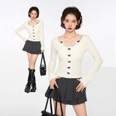 批发原版做工假两件蕾丝挂脖女春秋早秋短修身蝴蝶结<b class='q'>长袖</b>打底上衣