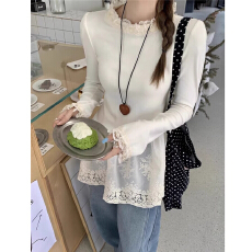 批发蕾丝花边下摆拼接T恤女秋冬季中长款打底衫别致半高领显瘦上衣ins