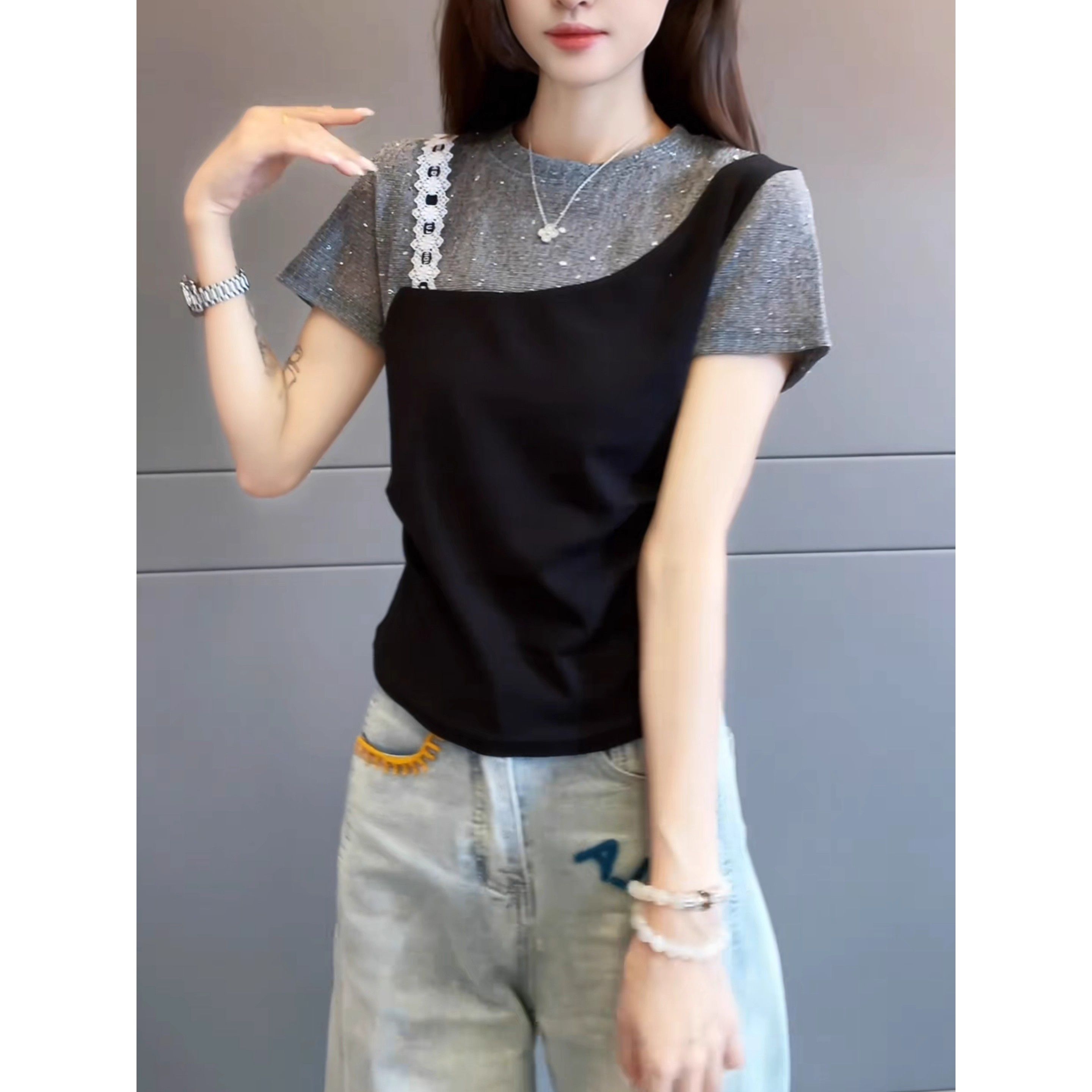 RY214# 2026春季新款假两件撞色拼接短袖T恤女时尚显瘦百搭休闲慵懒上衣