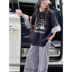 批发大码韩国女装夏季新款2026减龄风卡通狗狗印花波点<b class='q'>网纱</b>袖T恤上衣