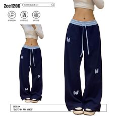 批发美式复古撞色蝴蝶刺绣<b class='q'>运动</b><b class='q'>休闲裤</b>女2026春季新款宽松直筒阔腿卫裤