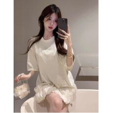 批发2026年韩小众设计水钻网纱拼接女夏新款显瘦气质短袖中长款连衣裙