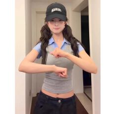 批发撞色设计感轻熟风上衣女2026年夏季新款美式假两件polo领短袖<b class='q'>T</b><b class='q'>恤</b>