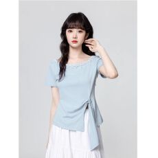 不规则圆领短袖T恤女2026年夏季新款设计感开叉绑带设计正肩上衣