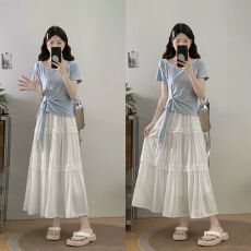 批发法式不规则开叉绑带圆领短袖<b class='q'>t</b><b class='q'>恤</b>女2026年夏季款收腰纯欲百搭上衣