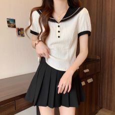 批发2026年夏季新款女装撞色学院风海军领衬衫女胖MM修身显瘦短袖上衣