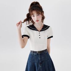 批发2026年短袖<b class='q'>T</b><b class='q'>恤</b>衬衫女夏季新设计感小众海军领泡泡袖法式短款上衣