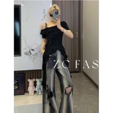 批发2026年辣妹风<b class='q'>露肩</b>荷叶边短袖<b class='q'>上衣</b>女夏季不规则飘带T恤女