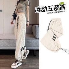 批发2026年夏新美式工装裤女黑色侧条杠束脚阔腿裤抽绳两穿休闲运动裤