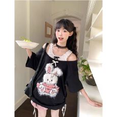 批发2026年可爱毛绒小兔露肩假两件短袖T恤女夏季宽松设计感甜美上衣
