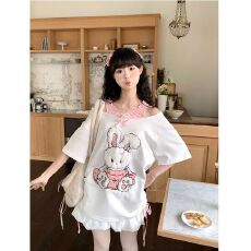 批发2026年可爱毛绒小兔露肩假两件短袖T恤女夏季宽松设计感甜酷上衣