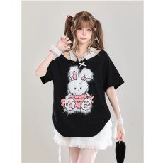 批发2026年可爱小兔<b class='q'>露肩</b>假两件短袖T恤女夏季新款甜美风宽松显瘦<b class='q'>上衣</b>