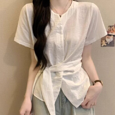 批发短袖衬衫女2026年夏季新款爆款法式开衫V领小收腰不规则绑带上衣