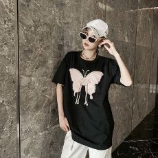 批发2026年新款黑色国风蝴蝶圆领短袖t恤女夏季设计<b class='q'>宽松</b>显瘦半袖<b class='q'>上衣</b>