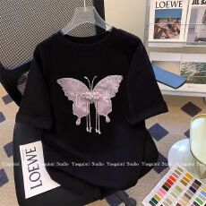 2026年新款黑色国风蝴蝶短袖t恤女夏设计感小众宽松显瘦复古上衣