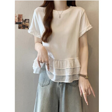批发正肩时尚圆领短袖t恤女2026年夏季新款中款<b class='q'>宽松</b>拼接洋气裙摆<b class='q'>上衣</b>
