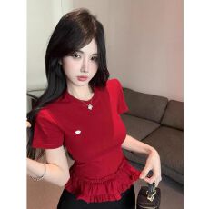 2026年夏季新款甜辣芭蕾时尚花边下摆圆领短袖t恤女内搭修身上衣