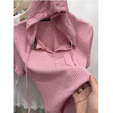 批发短袖T恤女2026年夏装新款韩版字母织带连帽衫<b class='q'>休闲</b>粉色修身上衣女