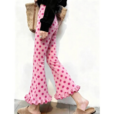 批发2026年春季新款设计感百搭时尚女款粉色波点木耳花边九分微喇长<b class='q'>裤</b>