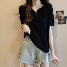 批发2026年新款连帽短袖T恤女洋气小衫夏季款大码<b class='q'>胖</b><b class='q'>mm</b><b class='q'>显瘦</b>遮肚子上衣