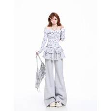 批发2026年春美式星星印花荷叶边屁帘微喇<b class='q'>休闲裤</b>女宽松显瘦阔腿裤卫裤