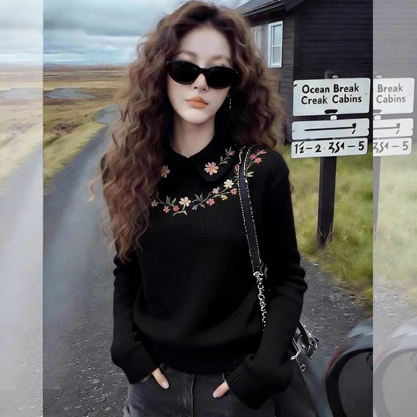 검정색 폴로 칼라 자수 꽃 여성 의류 봄 가을 2026 새로운 세련된 연령 감소 패션 미니멀리즘 맨위 만나는 몸매 가꾸기