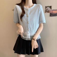 批发法式蕾丝下摆短袖衬衫2026夏季新款大码女装胖mm显瘦遮肚小衫上衣