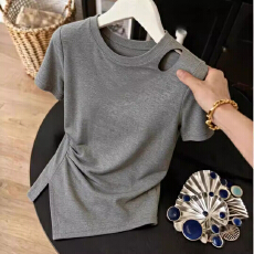 批发设计感镂空短袖t恤<b class='q'>打底衫</b>女夏季2026<b class='q'>大码</b>胖mm不规则上衣纯棉短袖