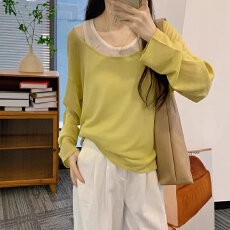 批发拼接假两件设计圆领长袖T恤2026年夏季新款超薄<b class='q'>时尚</b>女士外搭上衣