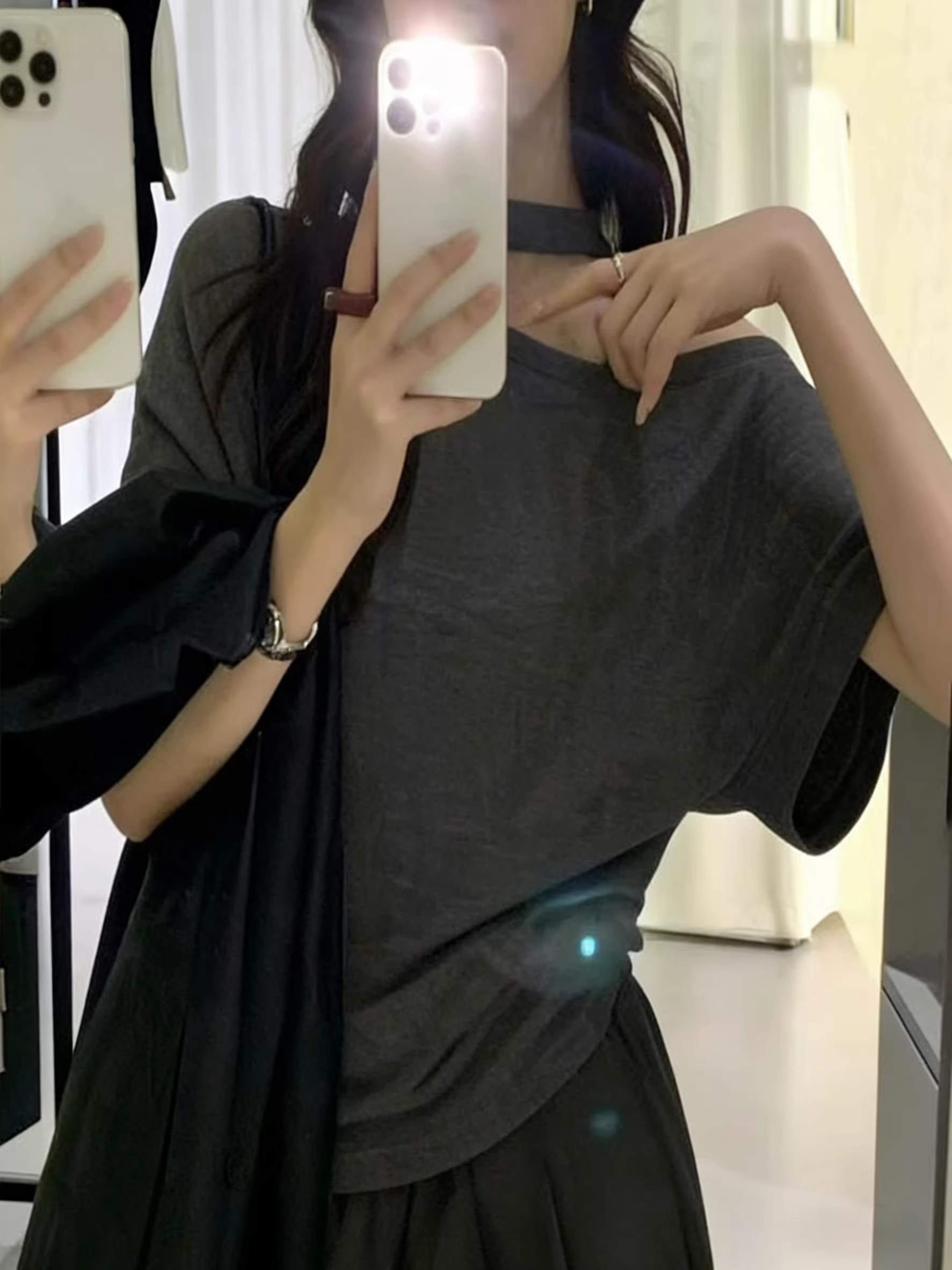 라운드 넥 반팔 티셔츠 2026 년 여름 새로운 한국 스타일 루즈핏 슬림해 보이는 패치워크 리본 다용도 단색 여성 셔츠