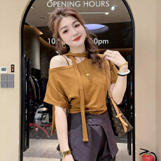 批发韩版斜肩飘带短袖T恤女2026年夏季新款<b class='q'>时尚</b>宽松减龄显瘦百搭上衣