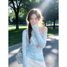 超薄天丝螺纹大码印花薄款长袖T恤女夏2026新款宽松露肩上衣