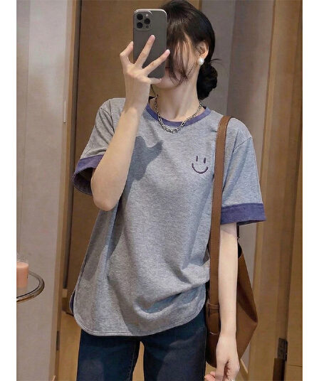 라이 우아한 제거하다 빛 1 1 리브 210g 빅 사이즈 패치워크 웃는 얼굴 긍정적 인 어깨 반팔 티셔츠 여성 여름 새로운 맨위