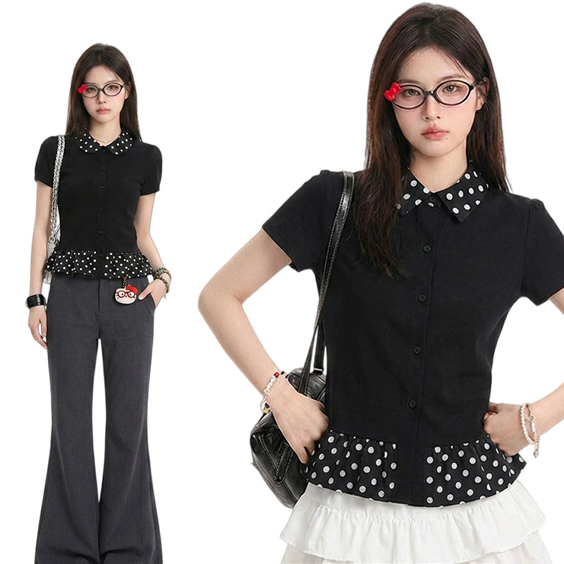 한국 대외 무역 구매 빅 사이즈 패치워크 폴로 칼라 몸매 가꾸기 티셔츠 여성 의류 2026 여름 새로운 맨위