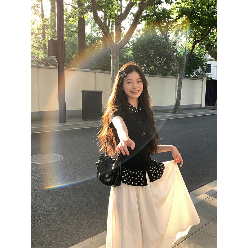 한국 대외 무역 주문 차가운 면 리브 1 1 빅 사이즈 패치워크 도트 무늬 폴로 칼라 몸매 가꾸기 티셔츠 여성 새로운 여름 맨위