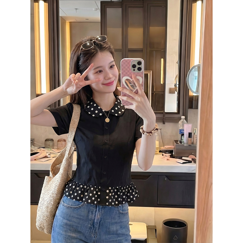 한국 구매 실크 차가운 면 리브 1 1 빅 사이즈 여름 새로운 패치워크 폴로 칼라 몸매 가꾸기 티셔츠 여성 2026 년 맨위