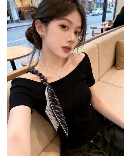 40 차가운 실크 차가운 면 리브 1 1 빅 사이즈 스카프 비스듬한 오프숄더 반팔 티셔츠 여성 패션 여름 새로운 맨위