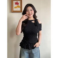 批发40支酷丝爽棉螺纹1*1<b class='q'>大码</b>波点斜肩短袖女夏显瘦绑带露肩上衣