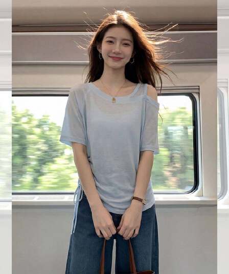 눈꽃 면 빅 사이즈 고유 한 아름다운 반팔 오프숄더 펌프 로프 티셔츠 여성 여름 디자인 한 부서 착용 잡아라. 의류