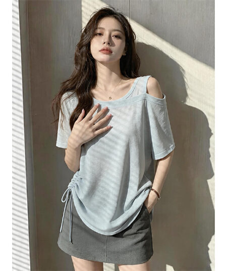 눈꽃 면 빅 사이즈 한 부서 펌프 로프 비스듬한 칼라 오프숄더 반팔 티셔츠 여성 여름 새로운 루즈핏 슬림해 보이는 맨위