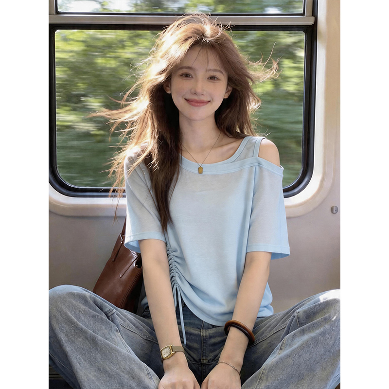 눈꽃 면 빅 사이즈 패션 여성 파란색 반팔 티셔츠 여름 새로운 외국 가스 펌프 로프 루즈핏 오프숄더 맨위