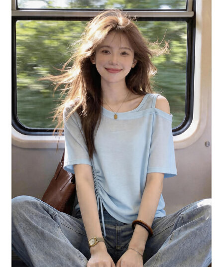 눈꽃 면 빅 사이즈 패션 여성 파란색 반팔 티셔츠 여름 새로운 외국 가스 펌프 로프 루즈핏 오프숄더 맨위