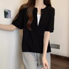 批发原版做工大码假两件短袖T恤女2026夏季<b class='q'>胖</b><b class='q'>mm</b>显瘦遮肚别致上衣