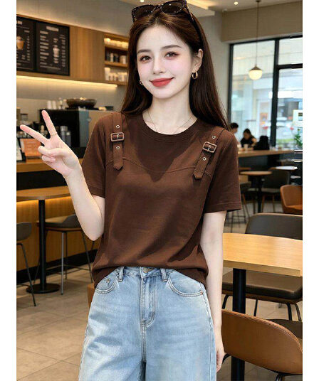 라이 우아한 1x1 와 사고 방식 210g 빅 사이즈 반팔 티셔츠 여성 여름 새로운 패션 연령 감소 슬림해 보이는 디자인 맨위