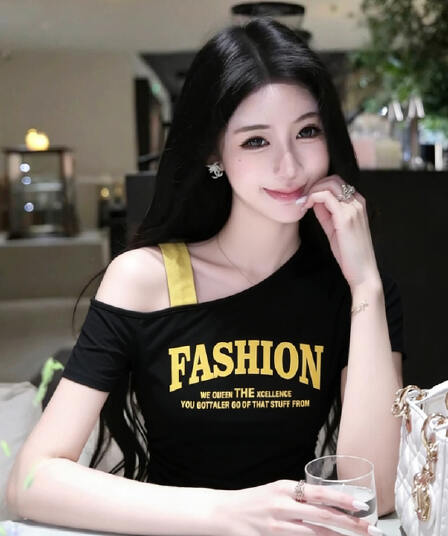 모방 면 40s1x1 리브 빅 사이즈 2026 새로운 비스듬한 칼라 오프숄더 반팔 티셔츠 여성 여름 슬림해 보이는 다용도 맨위