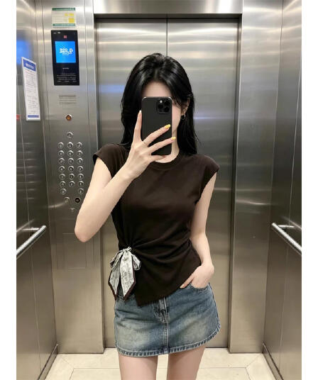 무료 자르다 프랑스식 레트로 몸매 가꾸기 디스플레이 얇고 작은 날다 소매 티셔츠 여성 여름 고급 센스 스카프 맨위