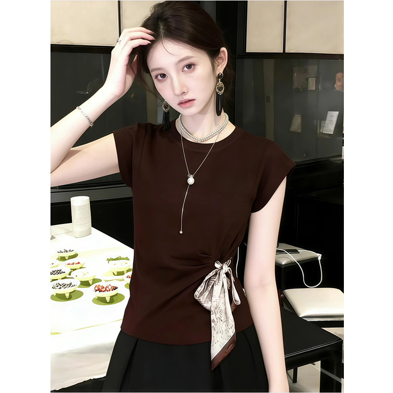 면 와 사고 방식 아메리칸 레트로 커피 색상 라운드 넥 나비 매듭 스카프 반팔 티셔츠 여성 여름 맨위